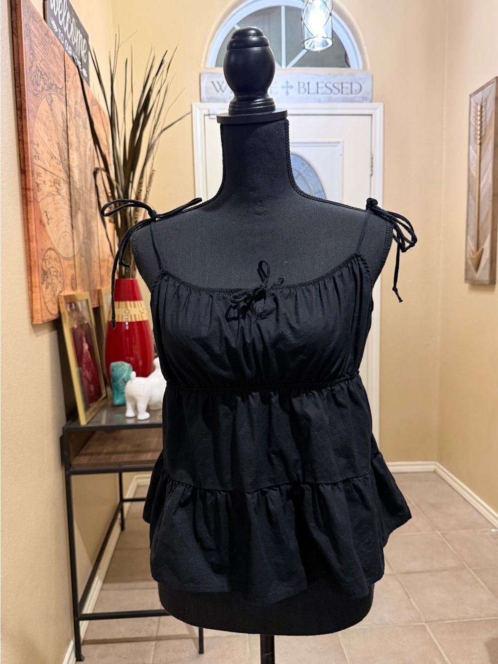 H&M Black Tie-Shoulder Ruffle Tiered Tank Top